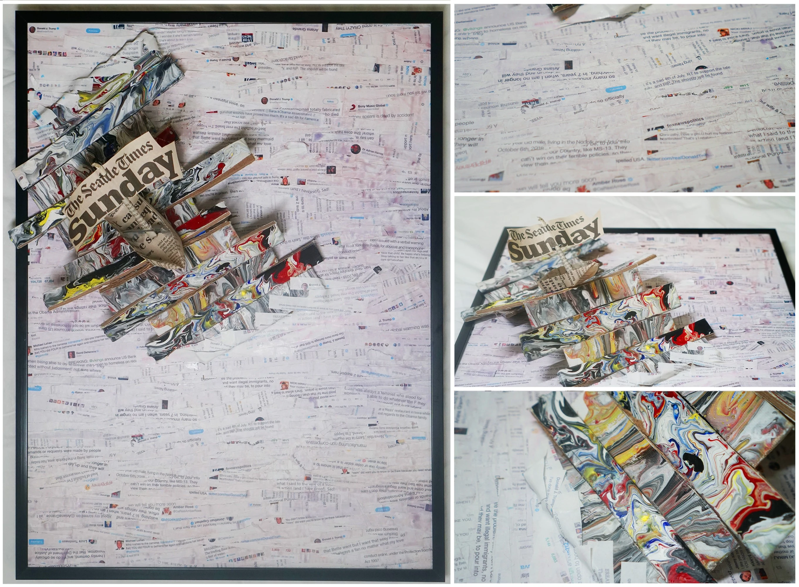 Collaged boat with Seattle Times on it emerging from collaged tweets.