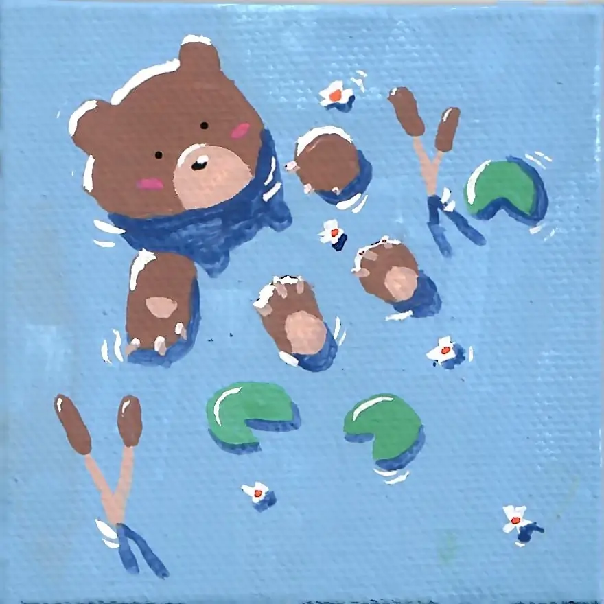 Illustration of bear relaxing in a pond with lilypads.